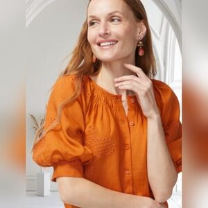 {Chicos} Ramie Cutwork Eyelet Balloon Sleeve Blouse Orange - Sz 3 (XL/16)